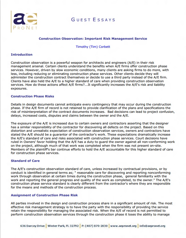 Construction Observation: Important Risk Management Service - a/e ProNet
